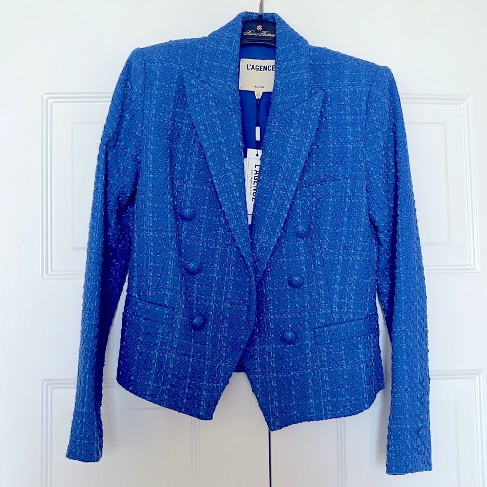 NWT L'AGENCE Brooke Cropped Blazer Blue Multi
Tweed Size 0